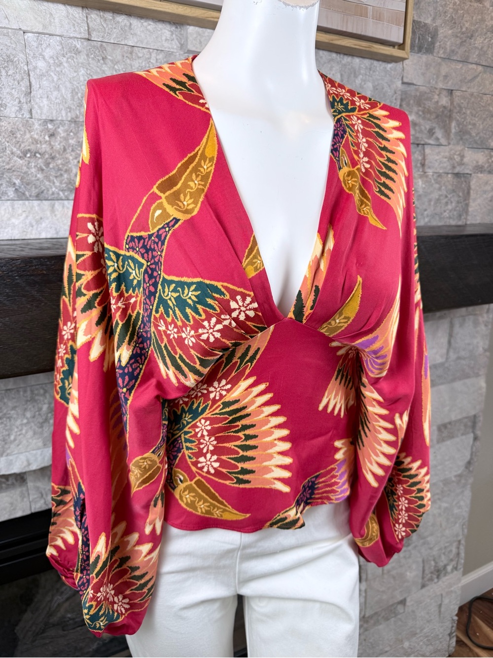Farm Rio Pink Tropical Bird Print Twist Front Blouse Balloon Sleeve XS - Picture 5 of 8